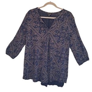 Lucky Brand Blue Paisley Print 3/4 Sleeve Top with Buttons Plus Size 1X